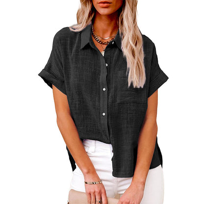 A Amazon wish summer new European and American cross-border women's clothing solid color linen shirt short sleeve casual loose shirt