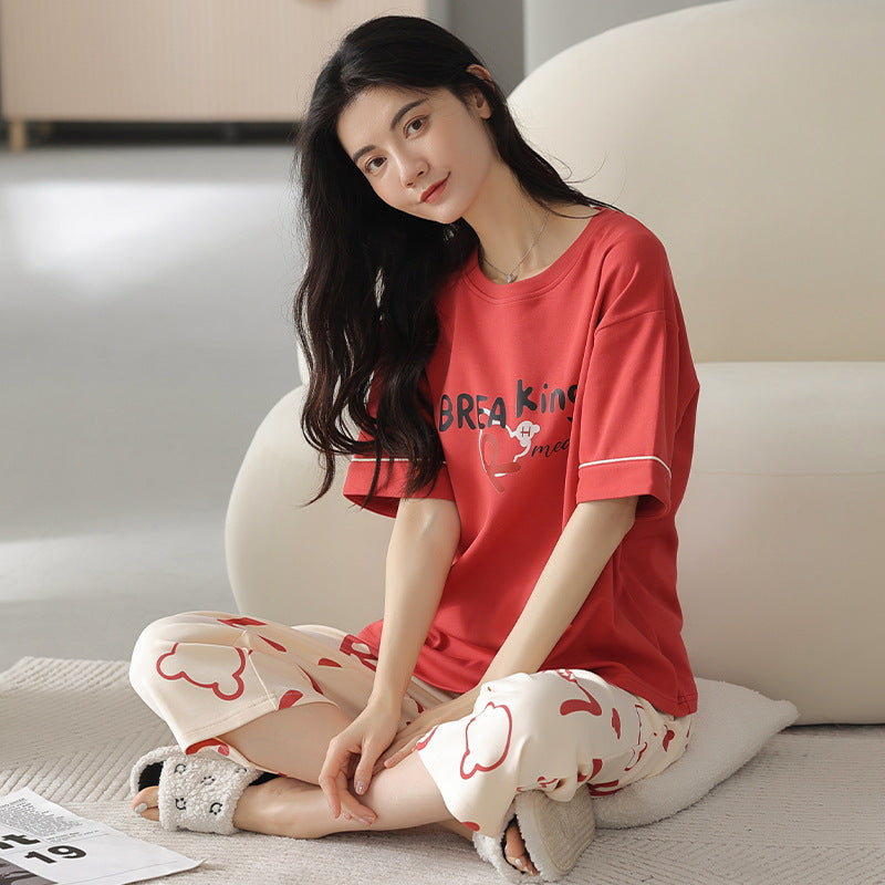 A pajamas women's summer cartoon pure cotton short-sleeved cropped pants casual loose round neck can be worn outside summer loungewear suit