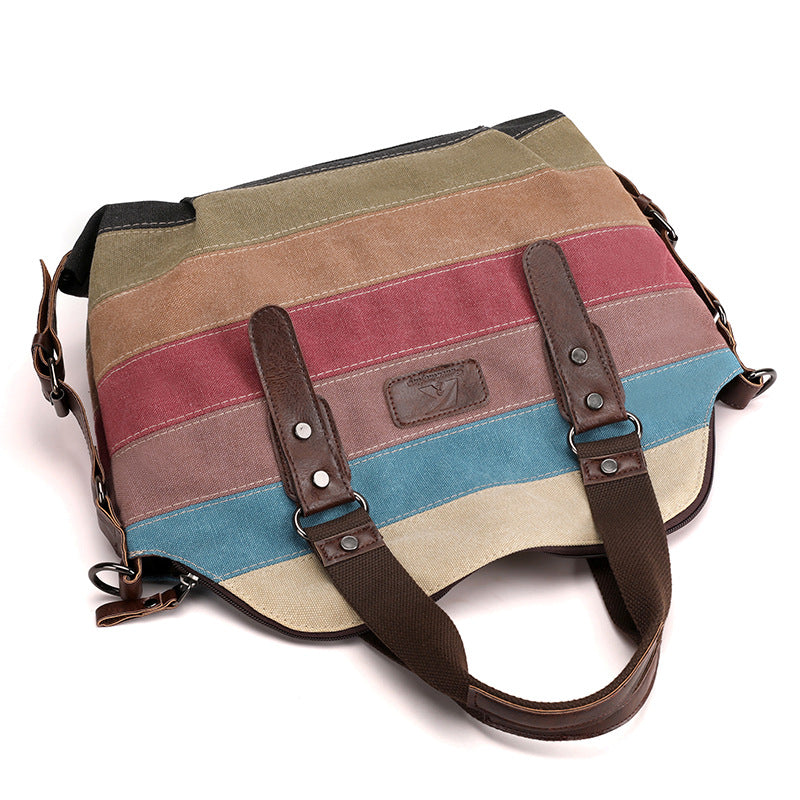 Bolso bandolera retro de lona de gran capacidad para mujer, bolso con empalme de colores en contraste 