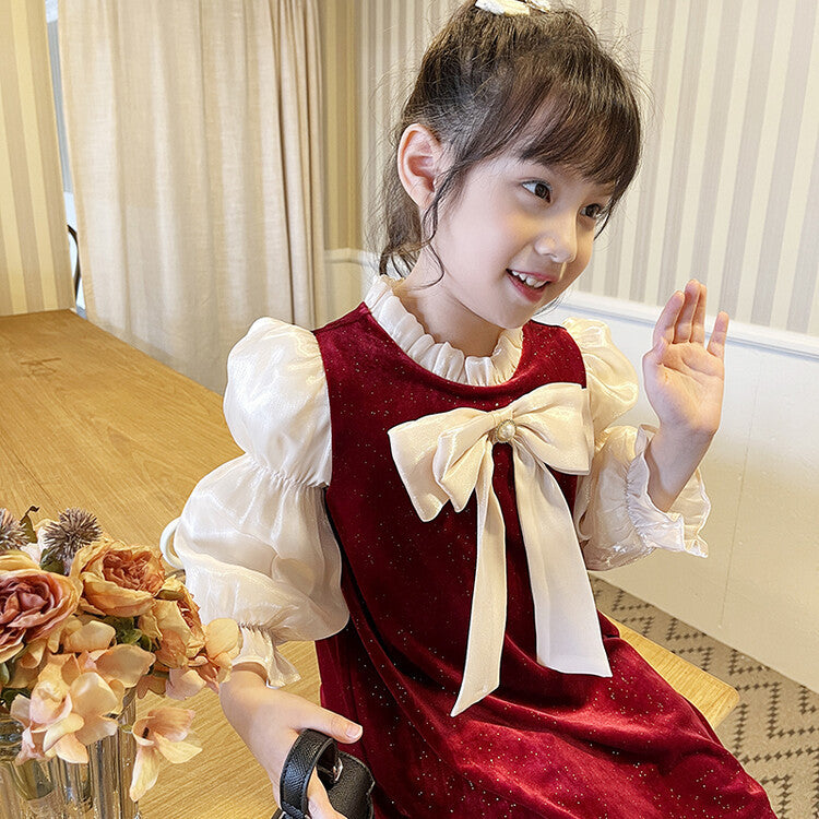 Vestido de manga larga de alta gama para niñas de primavera y otoño, estilo occidental, vestido con falda de manga abullonada y lazo pequeño fragante de Hepburn 