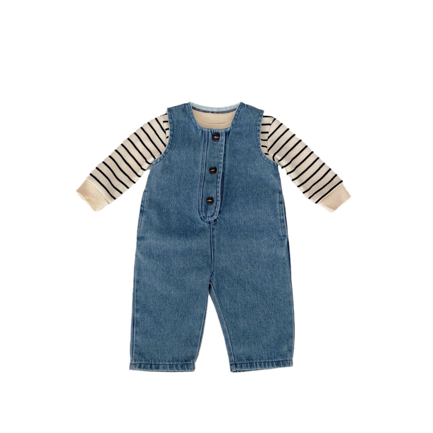 A Spring infants and toddlers 0-3 years old female treasure striped top + denim vest long climbing 2-piece set can be sorted