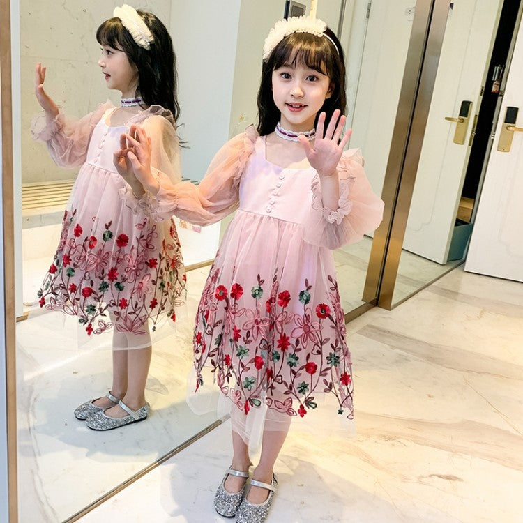 Girls&#039; dresses spring and autumn children&#039;s lace online celebrity exotic little girl baby long sleeve chiffon skirt summer.0.51kg