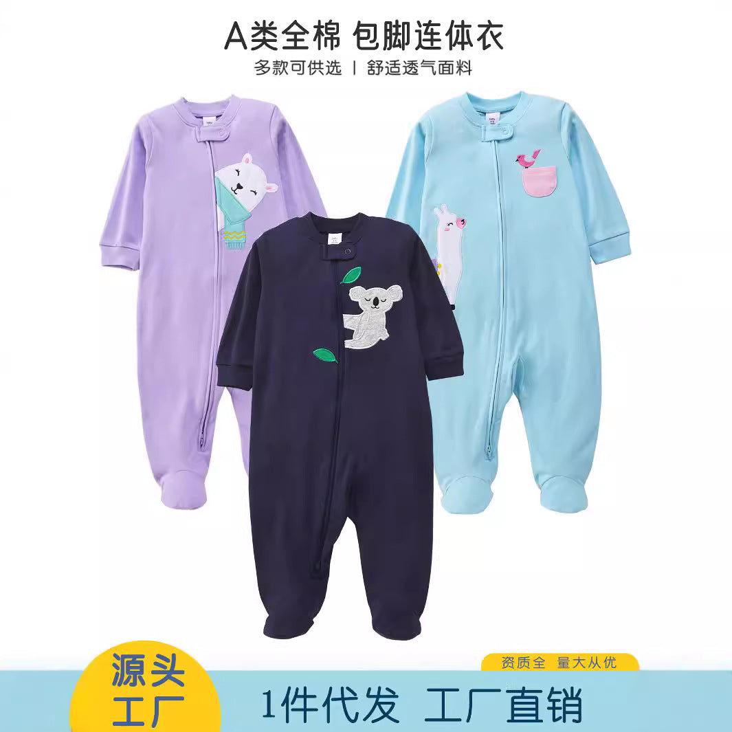 A cross-border spring and autumn new male and female baby long-sleeved foot-wrapped onesie double-ended zipper embroidered climbing suit foreign trade Amazon