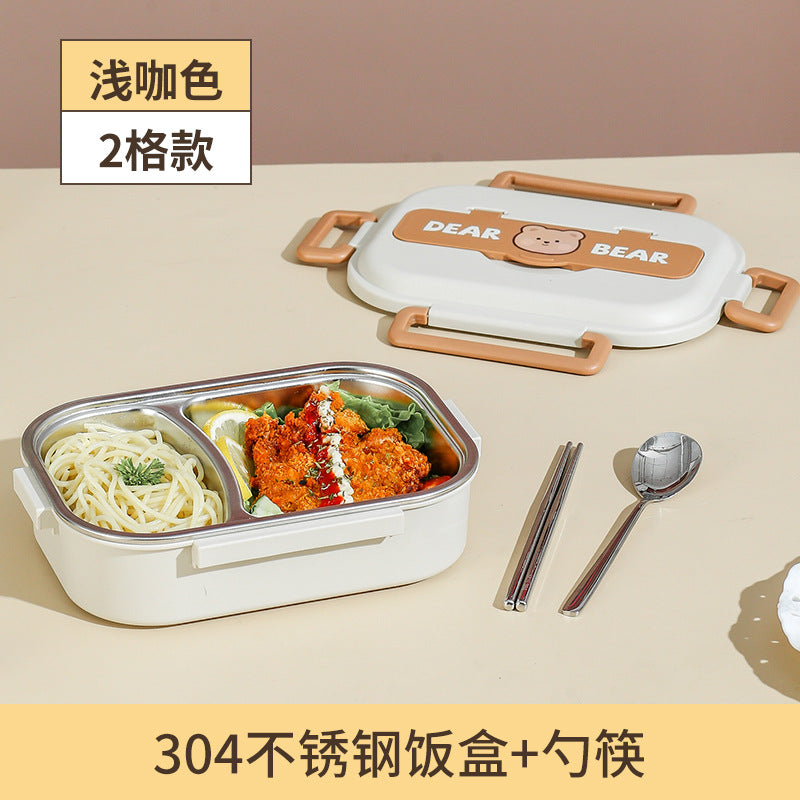 A 304 stainless steel insulated lunch box divided into two cute student compartments, sealed bento box with lid, lunch box