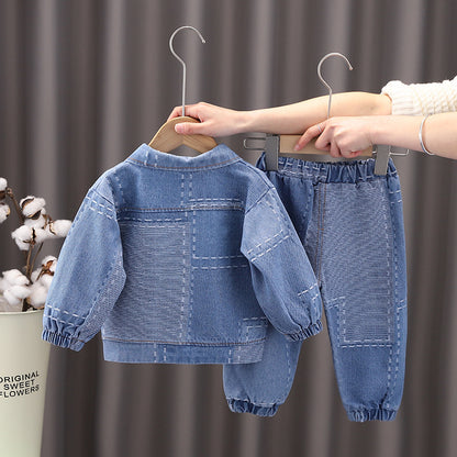 Korean version of spring fashion baby spring jacquard denim cardigan long-sleeved suit tide boy new long-sleeved three-piece set 0.3KG