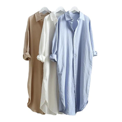 Camisa blanca de algodón y lino con protección solar para mujer, ropa exterior de otoño, nueva, versátil, holgada, informal, vestido camisero de largo medio PESO: 200G