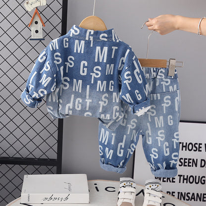 A children's autumn three-piece set manufacturer wholesale boys full of English letters long sleeves fashionable denim jacket trousers