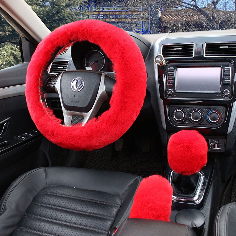 Winter short plush handlebar cover imitation rabbit fur gear lever handbrake three-piece set plush car steering wheel cover (moq:10 set , if  buy one piece need 1usd extra fee )