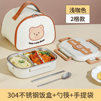 A 304 stainless steel insulated lunch box divided into two cute student compartments, sealed bento box with lid, lunch box