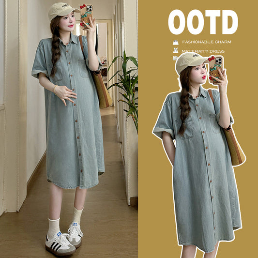 A maternity wear 2024 summer Korean version fashion casual loose denim dress nursing shirt skirt medium and long trendy mother