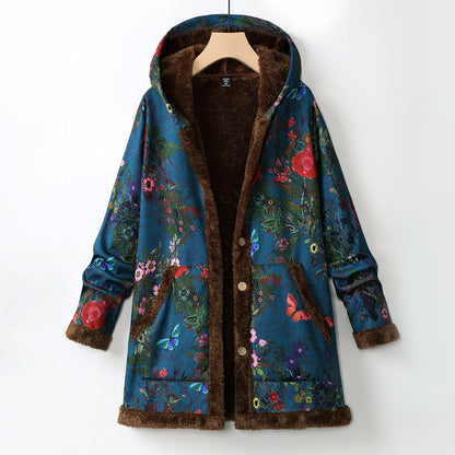 Printed hooded thickened warm coat winter cross-border women's fashion versatile loose fleece cotton coat