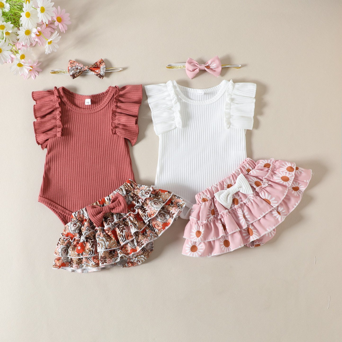 Children's summer baby girl set, 0-24M, baby ruffle edge sleeve jumpsuit, floral pants skirt, headband, 3-piece set, 0.2kg