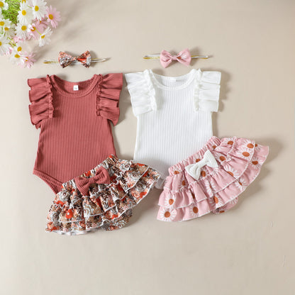 Conjunto de verano para niña de 0 a 24 meses, mono con mangas con volantes para bebé, falda de pantalón con estampado floral, diadema, conjunto de 3 piezas, 0,2 kg 