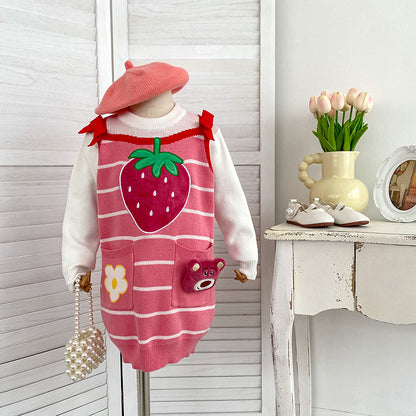 A girls spring and autumn dress new spring dress fashionable foreign style girls shirt children strawberry sweater skirt set