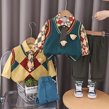 A Boys Sweater Children's British Academy Style Removable Tie Rhombus Shirt Spring and Autumn Boys' Bear Vest Pants