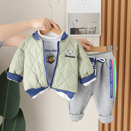 A foreign trade children's new handsome boy autumn and winter English thickened warm three-piece set source manufacturer wholesale