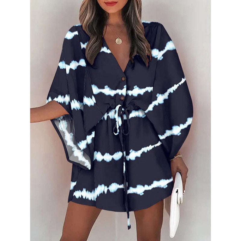 A cross-border European and American foreign trade women's clothing summer women's flying sleeves Amazon V-neck lace up printed beach skirts wholesale