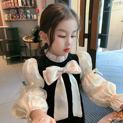 Girls&#039; Spring and Autumn Long Sleeve High-end Dress Western Style Hepburn Small Fragrant Bow Bubble Sleeve Dress Skirt