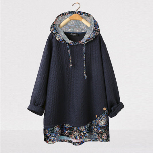 Women's jacket fashion stitching retro style winter hooded pullover top for women