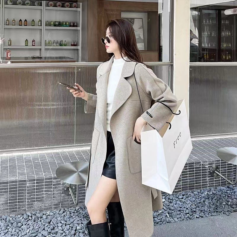 A autumn and winter new double-sided woolen coat women's lace-up medium and long Korean version loose fashion thin coat