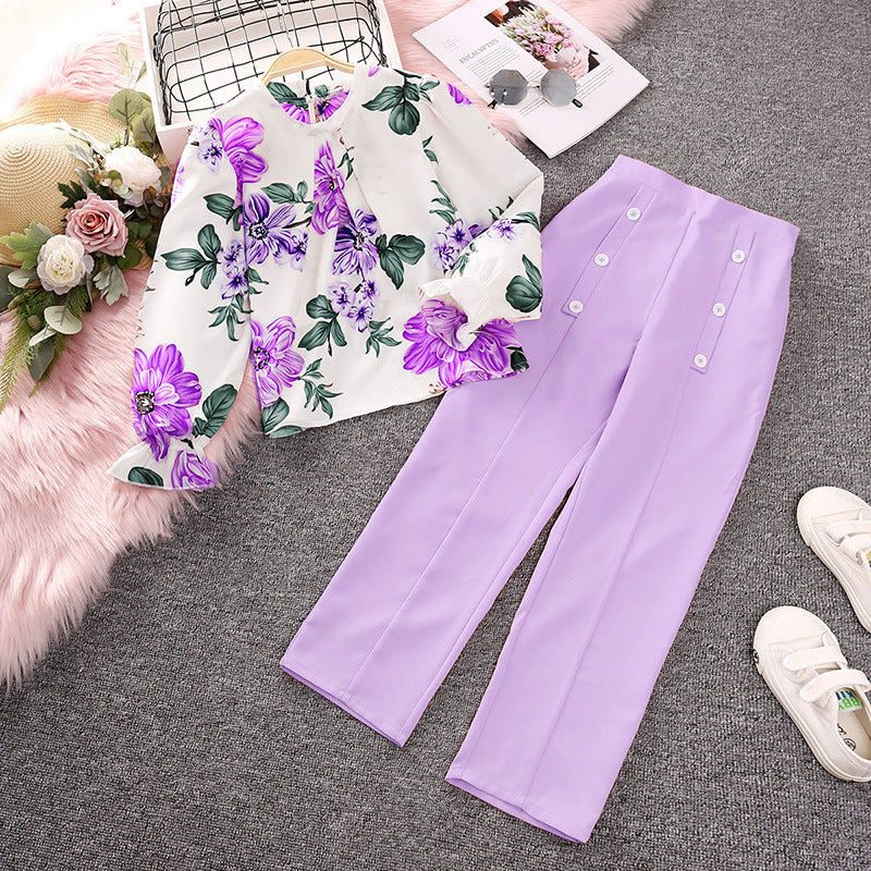 popular girls' suit,  spring new children's clothing printing, long-sleeved top, trousers, foreign trade children's clothing, 0.18kg