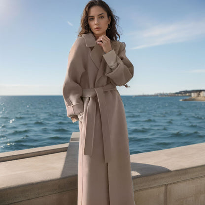 A Spot women's woolen coat Korean version salt fried street suit collar loose tie autumn and winter extended double-sided woolen coat