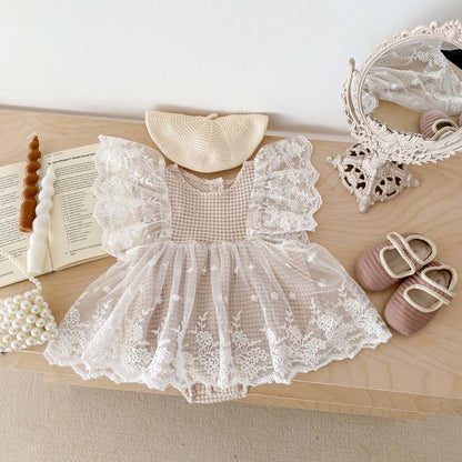 A Baby Bodysuit Korean Edition Girl Baby Lace Summer Flying Sleeves Wrapped Fart Coat Newborn Centenary Princess Harp Dress