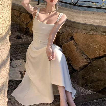 A white suspender dress summer women's 2024 new a-word French temperament waist niche design long skirt