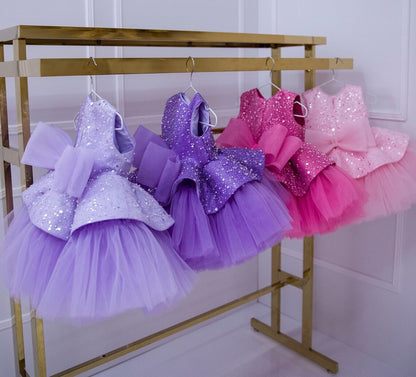 Un vestido para niños de AliExpress con falda esponjosa de lentejuelas moradas, vestido de princesa para fiesta de cumpleaños de niña, vestido para niña de un año, 0,8 kg 