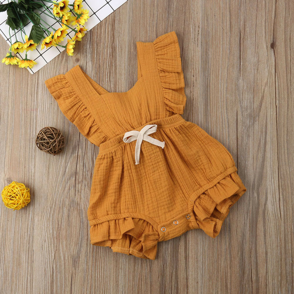 Cross-border foreign trade children&#039;s one-piece khaki solid color ruffled sleeveless jumpsuit 0.1kg