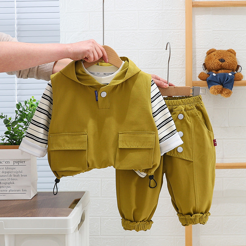 A autumn new boys lapel shirt long-sleeved three-piece boy's tooling trousers striped vest set