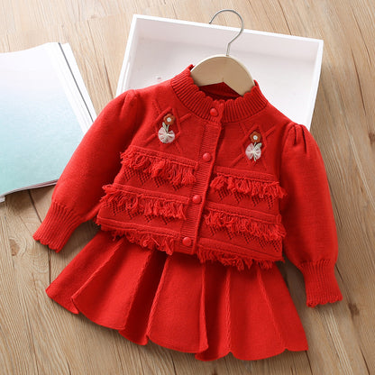 A girls sweater set autumn and winter new Korean version foreign style fringed flower little girl knitted cardigan two-piece set