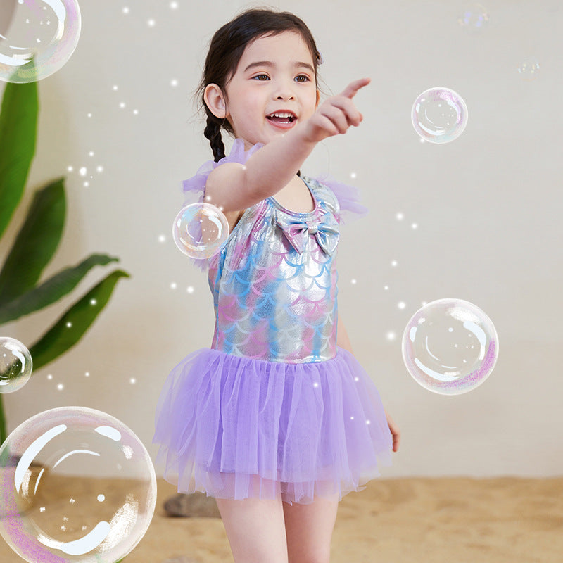 Girl's swimsuit, small and medium-sized children's one-piece mermaid skirt style hot spring bathing swimsuit, stylish baby cute swimsuit wholesale