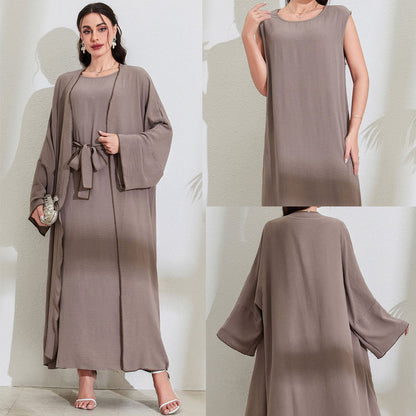 Women's Middle Eastern Muslim Clothing Fashion Elegant Cardigan Dress Belt Robe