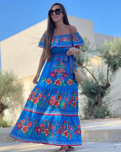 A 2024 European, American spring and summer independent station Amazon's new one-word shoulder red flower printing long pendulum dress