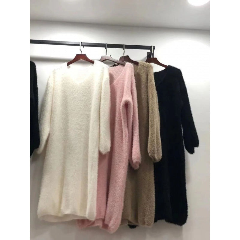 Mink-like sweater dress extra large women&#039;s spicy temperament warm knit bottoming shirt skirt knee-high (Weight:1 kg)