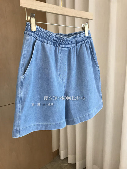 A foreign trade summer casual touch soft waxy upper body light and stylish~ high waist drawstring thin five-point denim shorts women