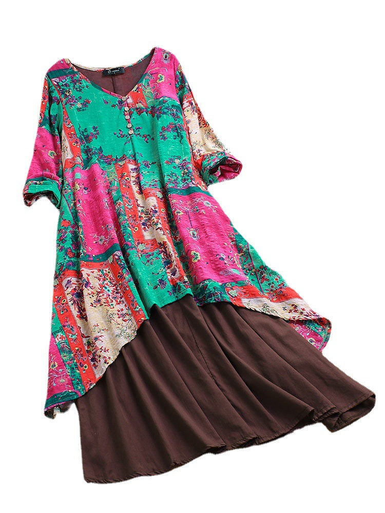 Summer dress mid-length ethnic style retro long dress cotton and linen three-quarter V-neck irregular skirt dress plus size