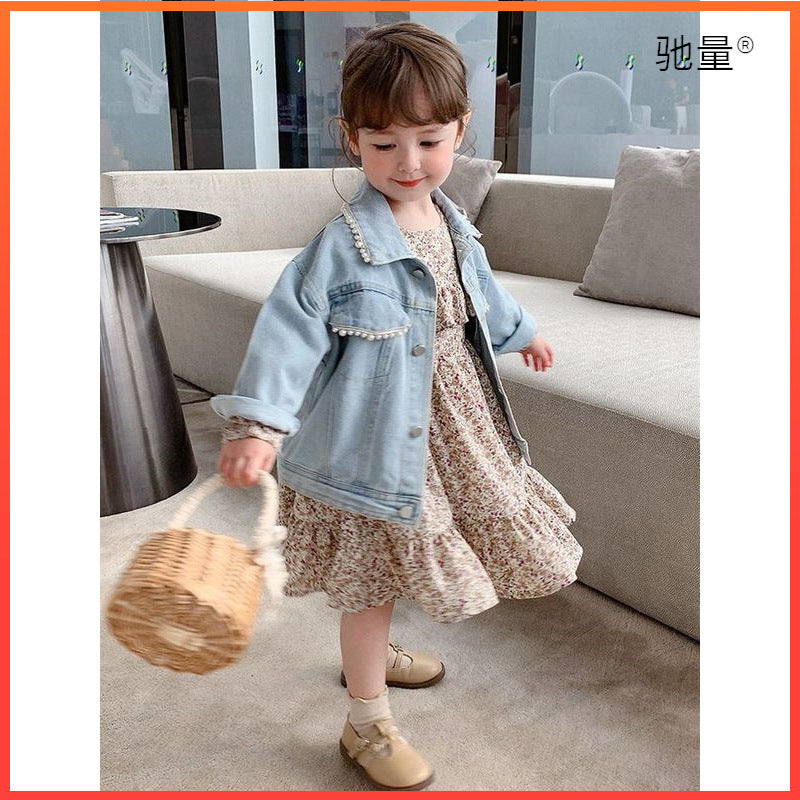 Girls' Spring Wear New Pearl Korean Children's Denim Coat Baby Spring and Autumn Western Style Cardigan Top Trendy 0.55kg