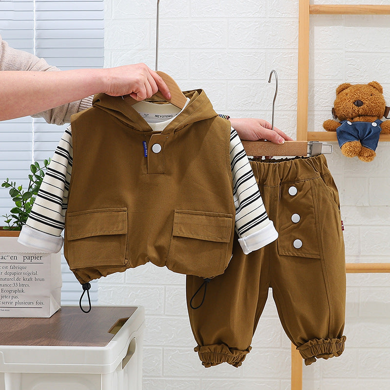 A autumn new boys lapel shirt long-sleeved three-piece boy's tooling trousers striped vest set