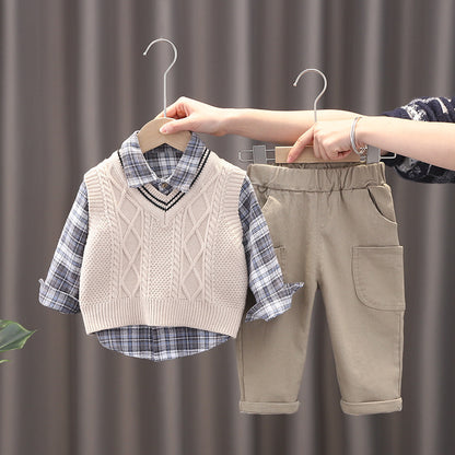 A vest three-piece set, spring and autumn new boys' sweater, handsome boys' baby autumn clothes, Korean version two-piece set, wholesale by manufacturers