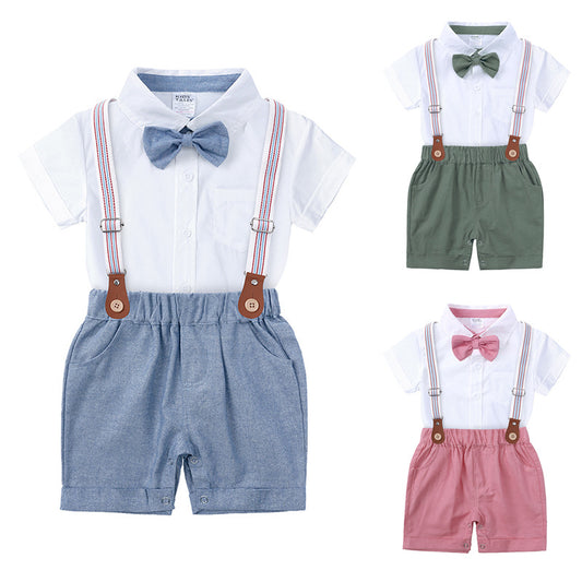 Conjunto de verano para caballeros para niños en el comercio exterior, conjunto de dos piezas de ropa para gatear para bebés con tirantes y pantalones, estilo británico, vestido atractivo para el parto 