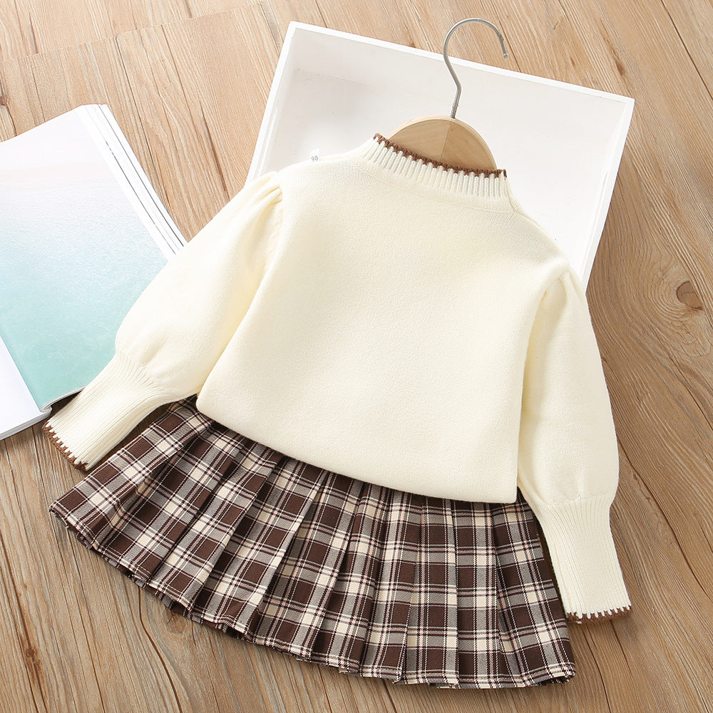 A girls sweater set autumn and winter new foreign style flower girls long sleeve knitted pullover pleated skirt two-piece set