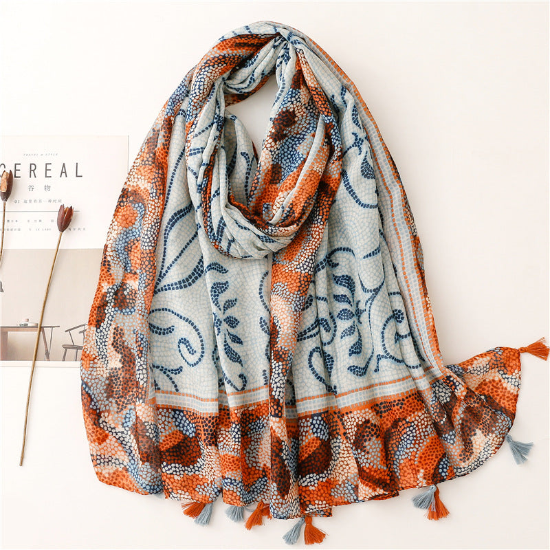 A Yitao Scarf Creative Ethnic Style Cotton and Hemp Hand Feel Scarf Women's Orange Wheat tassel Tourist Beach Scarf Shawl