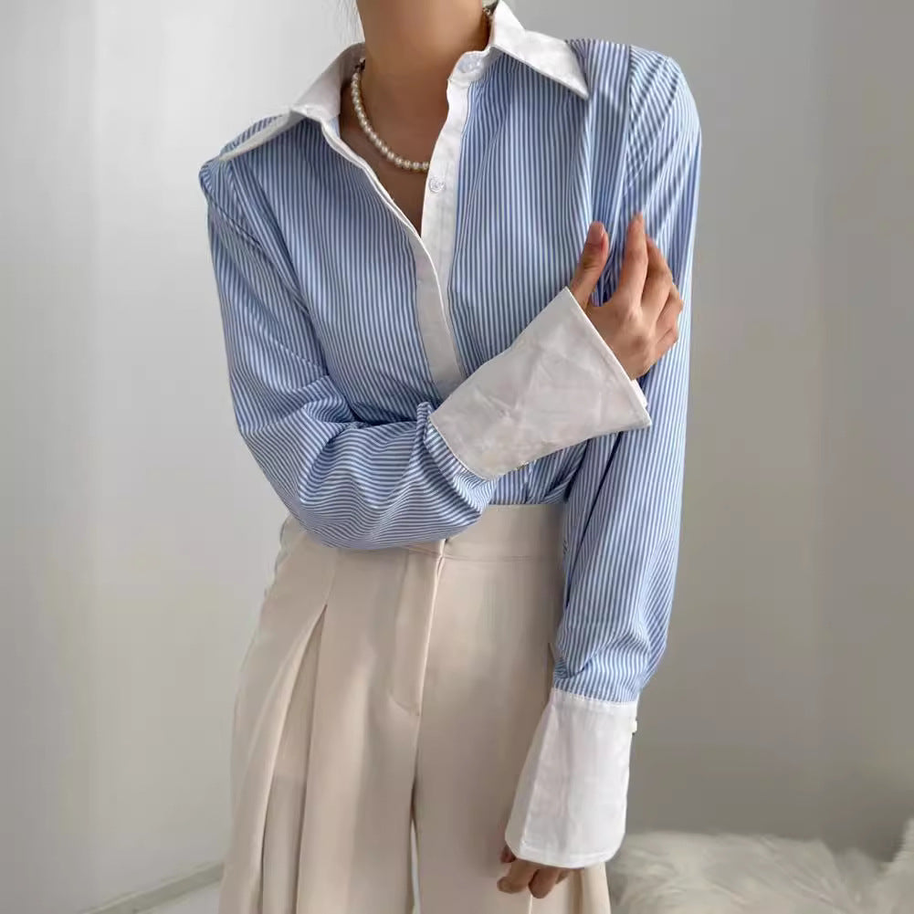 A South Korea Dongdaemun 2024 summer new fashion loose buckle striped long-sleeved lapel versatile top shirt women