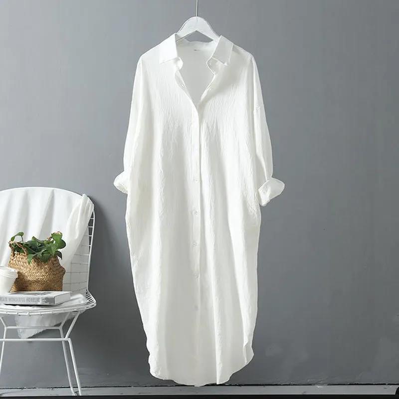 Cotton and linen sunscreen white shirt for women's outer wear autumn new versatile loose casual top mid-length shirt dress WEIGHT:200G