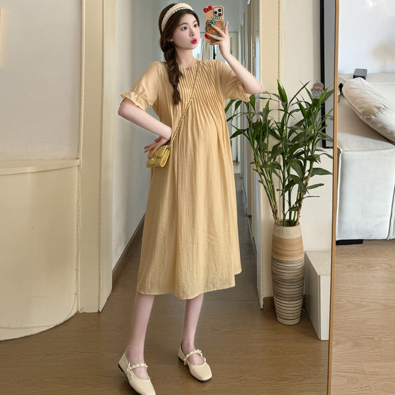 A maternity clothing summer medium and long dress short sleeve pleated gentle loose temperament thin and white maternity Tencel skirt