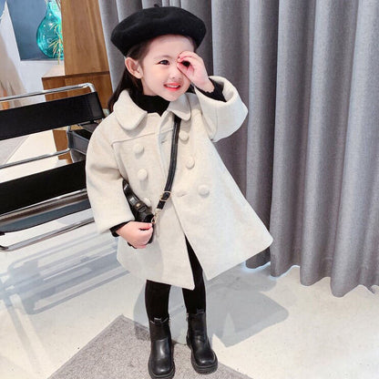 A girls woolen coat 2023 autumn and winter new children's Korean version lapel medium and long solid color woolen coat one piece hair