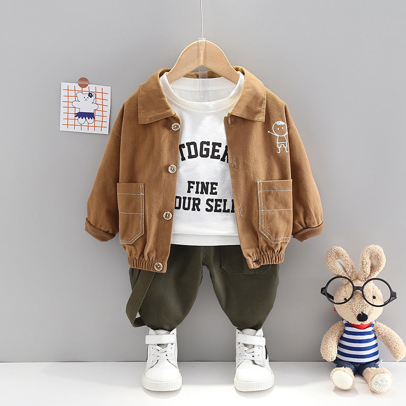 A children's clothing small and medium-sized children's labor suit three piece set, 1-4 year old boys suit collar jacket jacket jacket casual pants bottom shirt set, 0.3kg