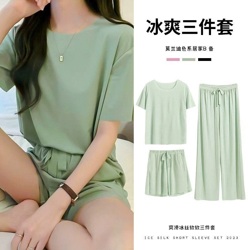 A Summer soft ice silk pajamas three-piece women's loungewear simple casual and comfortable loose short-sleeved shorts set